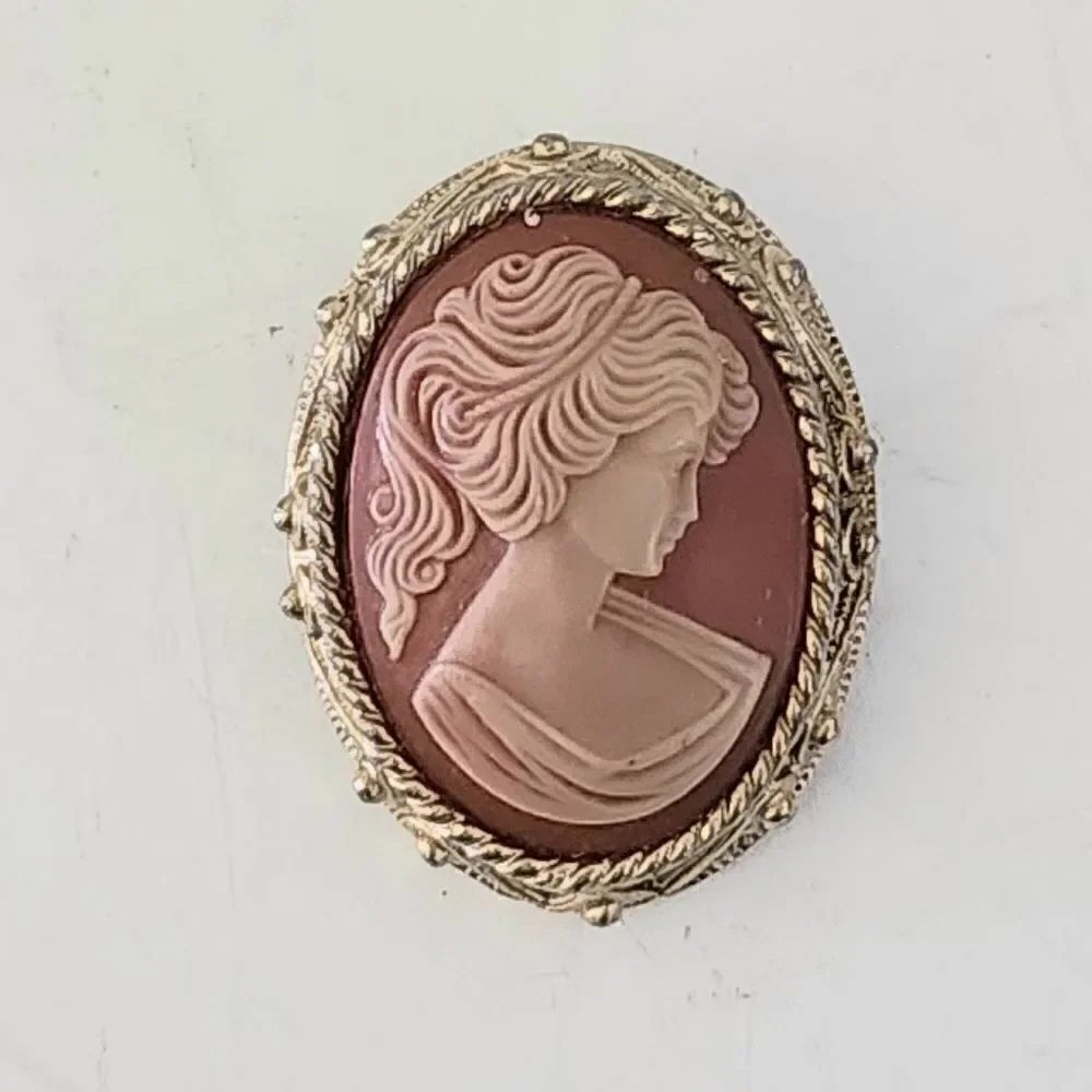 Vintage Signed Sarah Coventry Faux Shell Cameo Gold Tone Setting Brooch Pin
